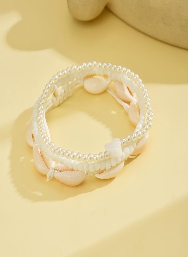 PINCHUAN 3PCS Boho Anklets for Women Summer Beach Women's Ankle Bracelets Beaded Anklet Bracelet Waterproof Beach Anklets Shell Starfish Anklet Foot Chain Jewelry for Women-3PCS/white - Image 2